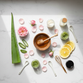 Natural skincare ingredients flat lay for DIY recipe guide